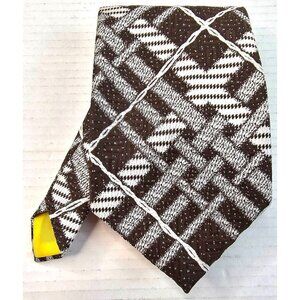Brown & White Plaid Patterned Tie With Yellow Accent By Liebert